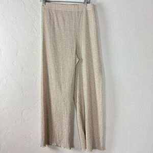 Aritzia Wilfred Pants Verona Seersucker Plaid Print Crinkle Wide Leg‎ Tan Beige
